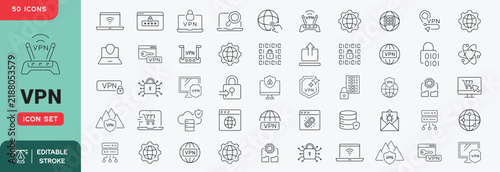 VPN icon set. Secure connection, online privacy, encryption, cybersecurity and anonymity. Editable stroke vector icons.
