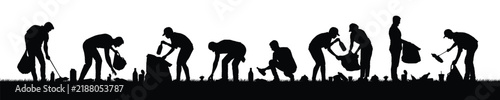 People volunteers cleaning litter in park nature environment outdoors black silhouettes vector illustration. 
