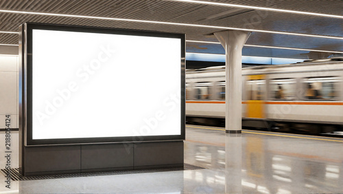 Blank subway billboard mockup with blurred train passing for advertisement
