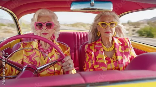 Two stylish senior women wearing colorful retro outfits and sunglasses driving pink vintage convertible car on desert road trip, fashionable elderly friends enjoying travel video medium shot