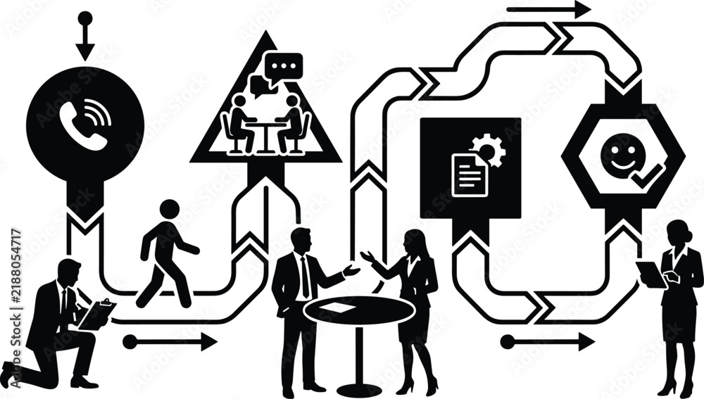 Fototapeta premium Customer journey map and business service workflow showing communication process to satisfaction vector illustration