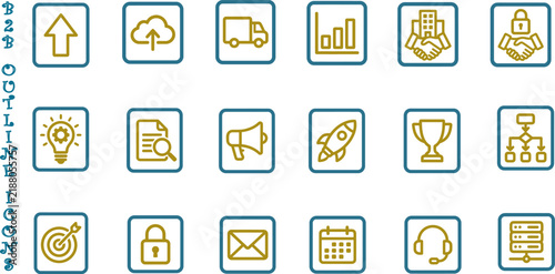 Set of hand drawn business and technology icons featuring various office symbols and digital communication elements on white background