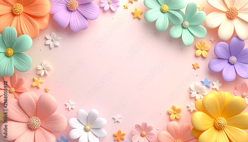 Obraz premium Cheerful pastel 3D background with rounded flowers and tiny stars in peach, mint and lavender, floral frame with copy space