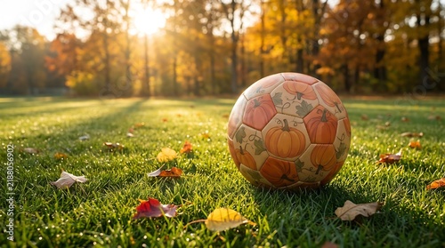 Autumn Soccer Ball With Pumpkin Pattern on Grass
