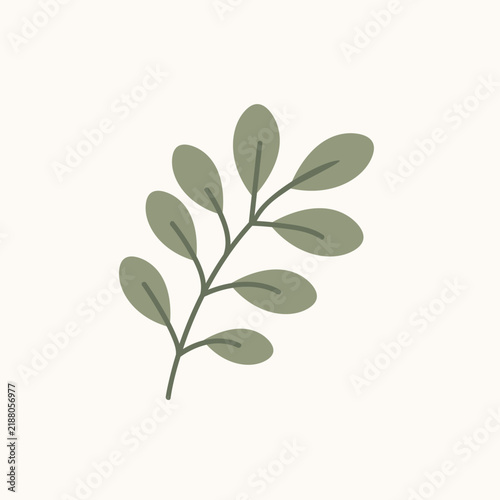 Minimalist aesthetic green branch with leaves isolated on beige background. Delicate botanical element in modern pastel colors for greeting cards, invitations, and posters.