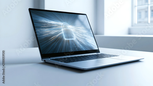 A laptop computer sits on a white desk displaying a glowing digital security padlock icon with data protection cybersecurity