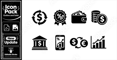 Financial growth and money transaction solid icon pack for banking and investment apps. Minimalist update icon pack