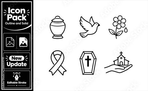 Funeral service outline icon pack for memorial ceremony invitations and obituary designs. Minimalist update icon pack