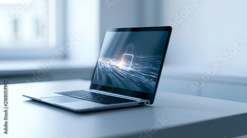 A laptop computer displaying a glowing digital padlock icon on the screen on a table with trails screen with representing data security