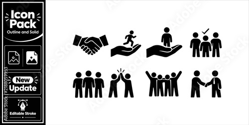 Business handshake and team partnership solid icon pack for corporate success concepts. Minimalist update icon pack