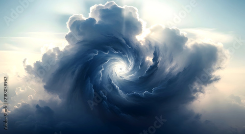 Dramatic swirling cloud vortex forming a spiral shape in a dark storm sky