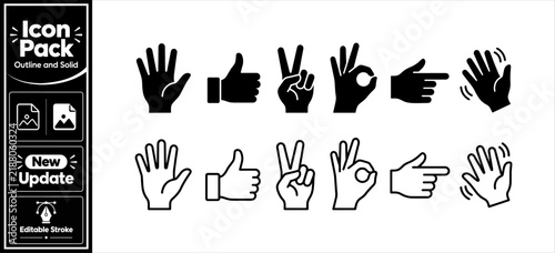 Hand gesture icons featuring communication signals like ok thumb peace wave solid outline. Minimalist update icon pack