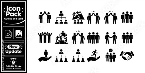 Teamwork and leadership icons with handshake collaboration hierarchy success solid style. Minimalist update icon pack