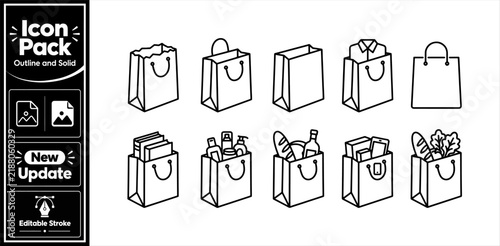 Shopping bags outline icons featuring retail goods groceries books clothing gift packages. Minimalist update icon pack