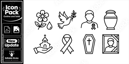 Funeral and memorial service icons with dove church coffin urn ribbon black line graphic. Minimalist update icon pack