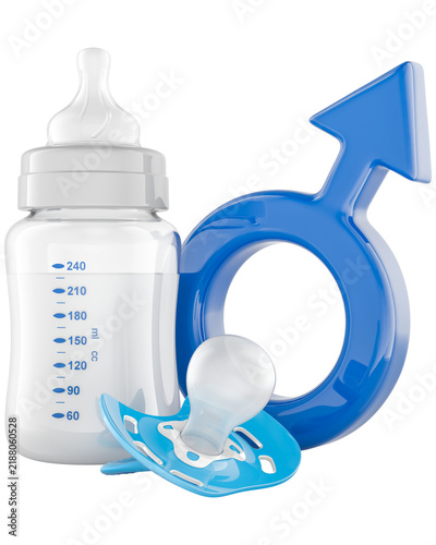 Baby bottle with pacifier and male symbol, newborn boy concept, transparent background.