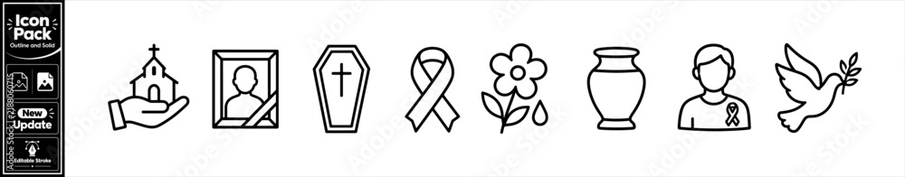 Fototapeta premium Outline funeral and remembrance vector icon pack for memorial services and grief support designs. Minimalist update icon pack
