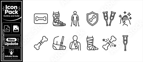 Bone fracture treatment outline icons of orthopedic medical cast crutch splint and x-ray. Minimalist update icon pack