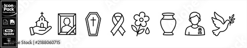 Outline funeral and remembrance vector icon pack for memorial services and grief support designs. Minimalist update icon pack