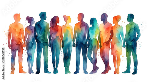 Abstract watercolor silhouette of a diverse group of people standing side by side with abstract