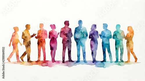 Diverse group of business people silhouettes in watercolor artistic style with business team