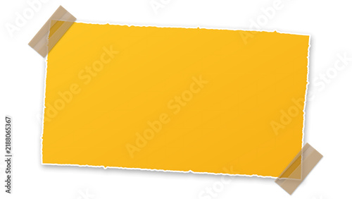 Yellow torn paper note with adhesive tape isolated on transparent background