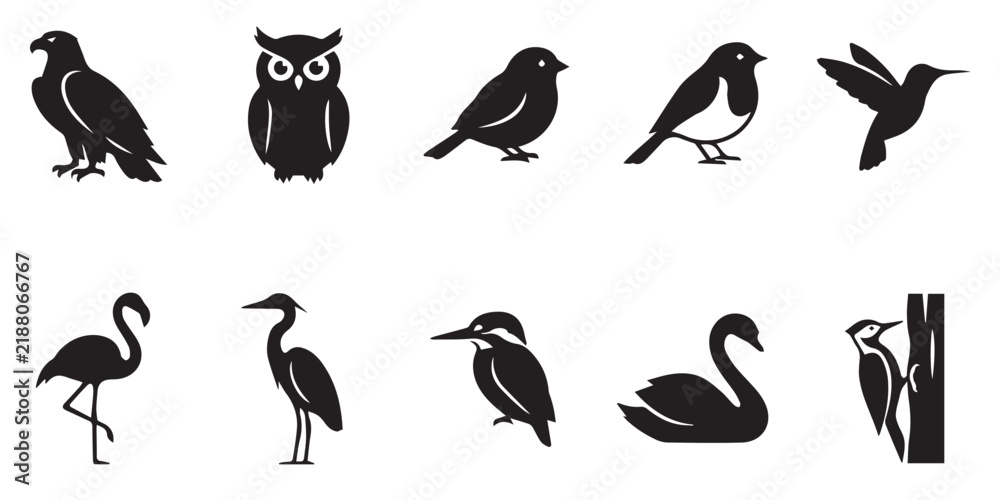 Fototapeta premium Set of black bird silhouettes including eagle owl hummingbird flamingo and swan in flat vector style. A collection of ten distinct bird species icons isolated on a white background for graphic design