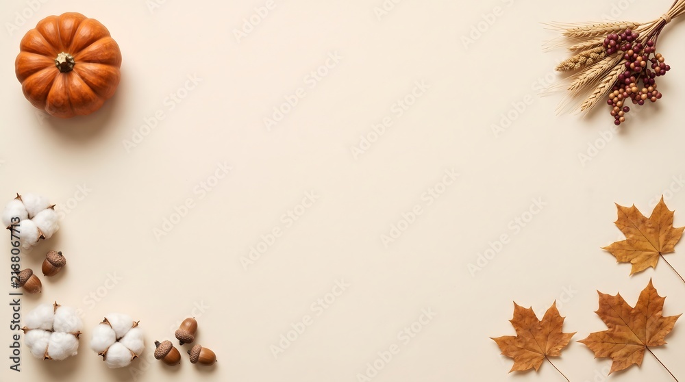Fototapeta premium Festive autumn background for thanksgiving day occasion celebrating seasonal harvest culture with pumpkins and fallen maple leaves