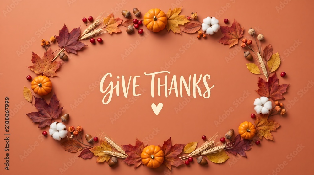 Fototapeta premium Give thanks text surrounded by autumn leaves and pumpkins for a festive thanksgiving day occasion and american culture celebration
