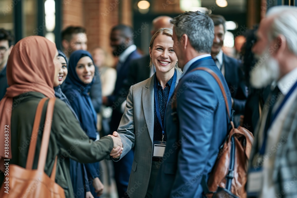 Obraz premium Professional woman in a grey blazer shaking hands with a colleague at a busy business conference