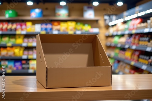 Empty brown cardboard box on a wooden counter inside a brightly lit grocery store aisle with colorful packaged products in the background.