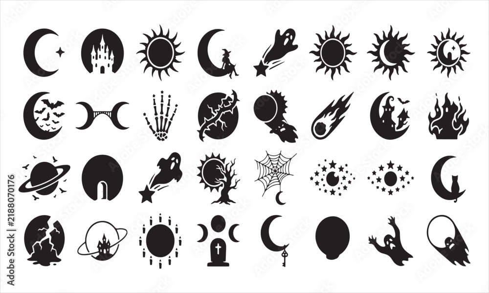 Obraz premium Celestial Halloween Icons Set with Hand Drawn Moons, Stars, Planets and Mystical Cosmic Elements