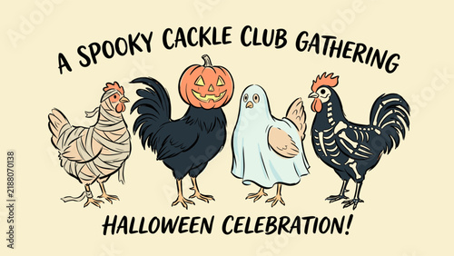 Картината върху платно Spooky Cackle Club Gathering Halloween Celebration featuring four chickens dressed in costumes like a mummy, jack-o-lantern head, ghost sheet, and skeleton paint on a cream background