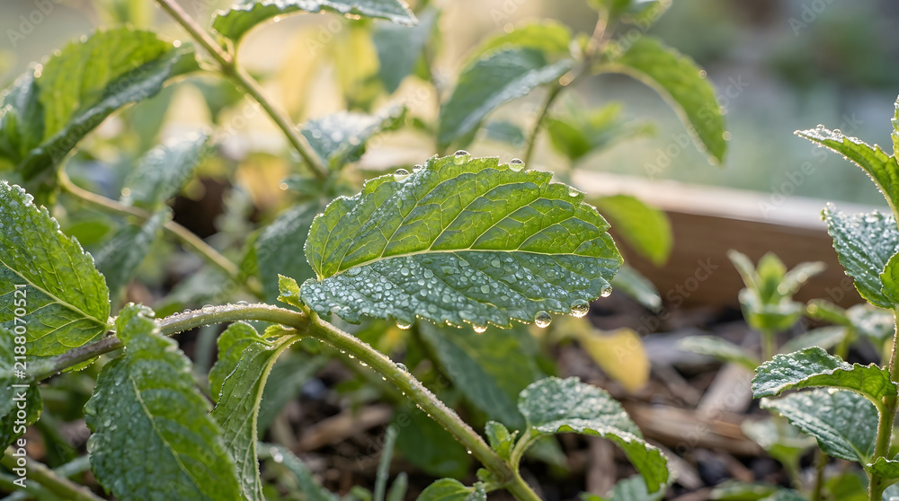 Fototapeta premium Fresh green leaves with morning dew drops in the garden