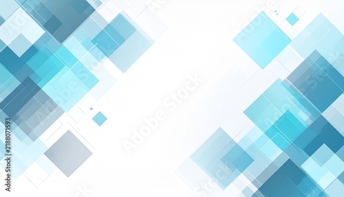 Minimal white background with translucent light blue and cool gray geometric squares in diagonal corners