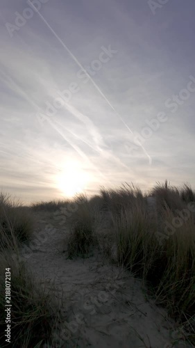 Cinematic vertical shot moving through coastal sand dunes towards a beautiful sunset.