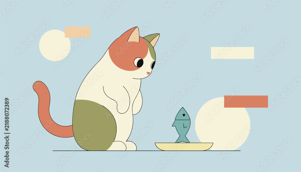 Fototapeta premium Cute calico cat standing on its hind legs looking curiously at a small fish in a dish on a pastel blue background.