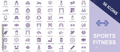 A comprehensive set of fifty-six purple fitness and gym equipment line on a light purple background