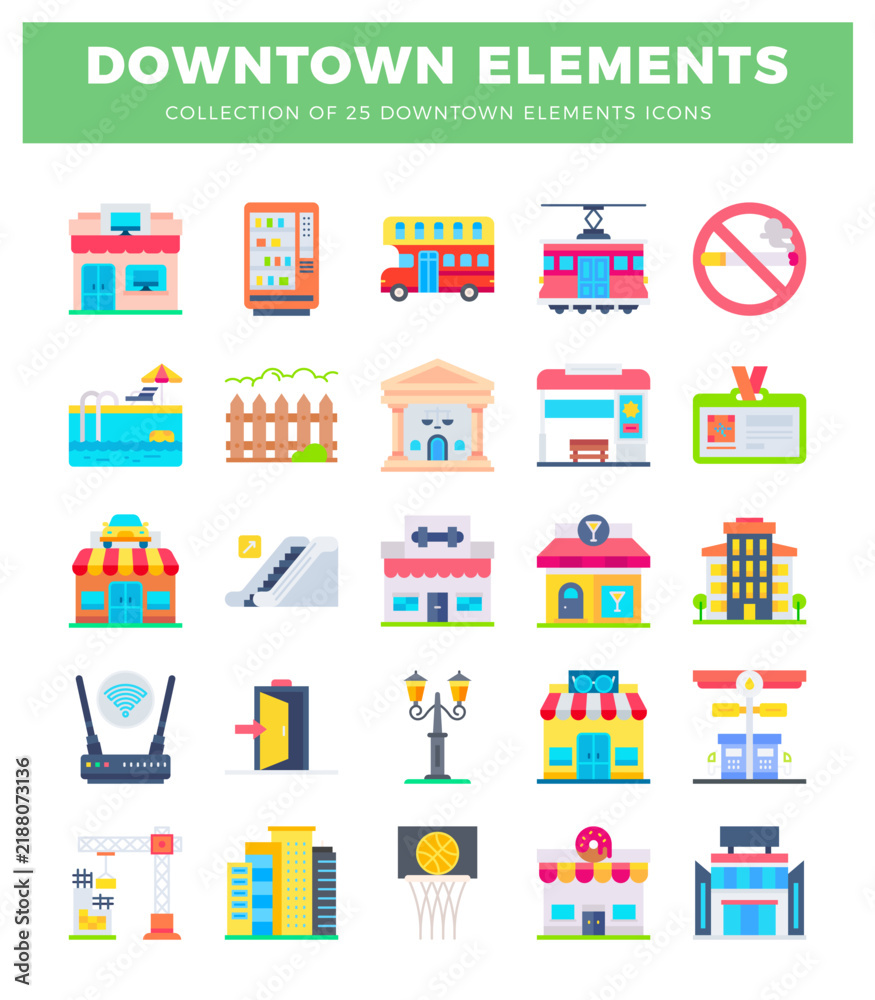 Fototapeta premium Collection of flat downtown elements icons with buildings and transportation.