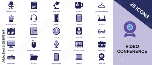 A collection of twenty-five dark purple flat for conferencing and office work settings chair notebook