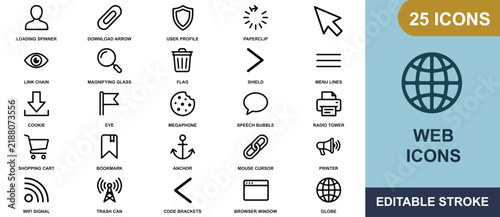 Twenty-five black line web featuring common interface symbols on a light blue background, user