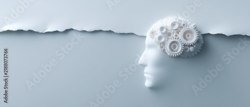 Conceptual representation of creativity and innovation with a human face and gears symbolizing thought and ideas