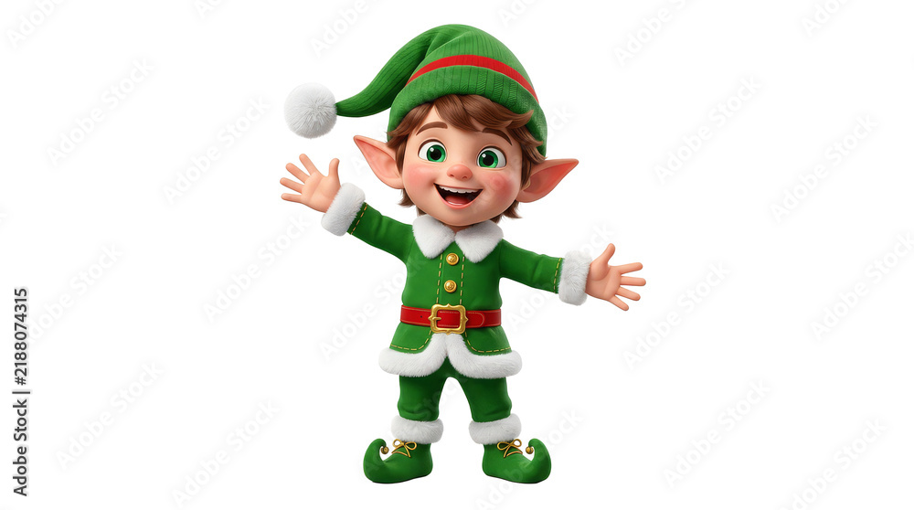 Obraz premium A cute Christmas elf waving with both hands against white background