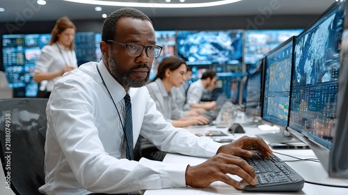 Focused Analyst in a Modern Surveillance Room: A professional analyst, wearing glasses and a white shirt.