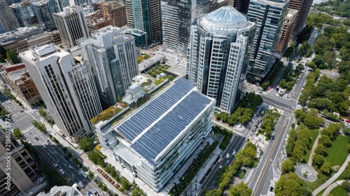 Sustainable Cityscape: An aerial view showcases a modern urban environment with a prominent building featuring a rooftop solar panel array, surrounded by contemporary skyscrapers and green spaces.