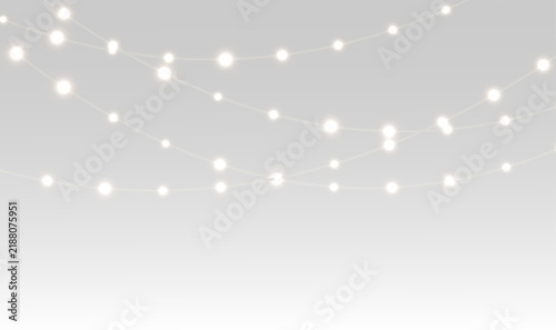 White glowing string lights with delicate curved lines, bright luminous points and elegant soft illumination, isolated for decorative design.