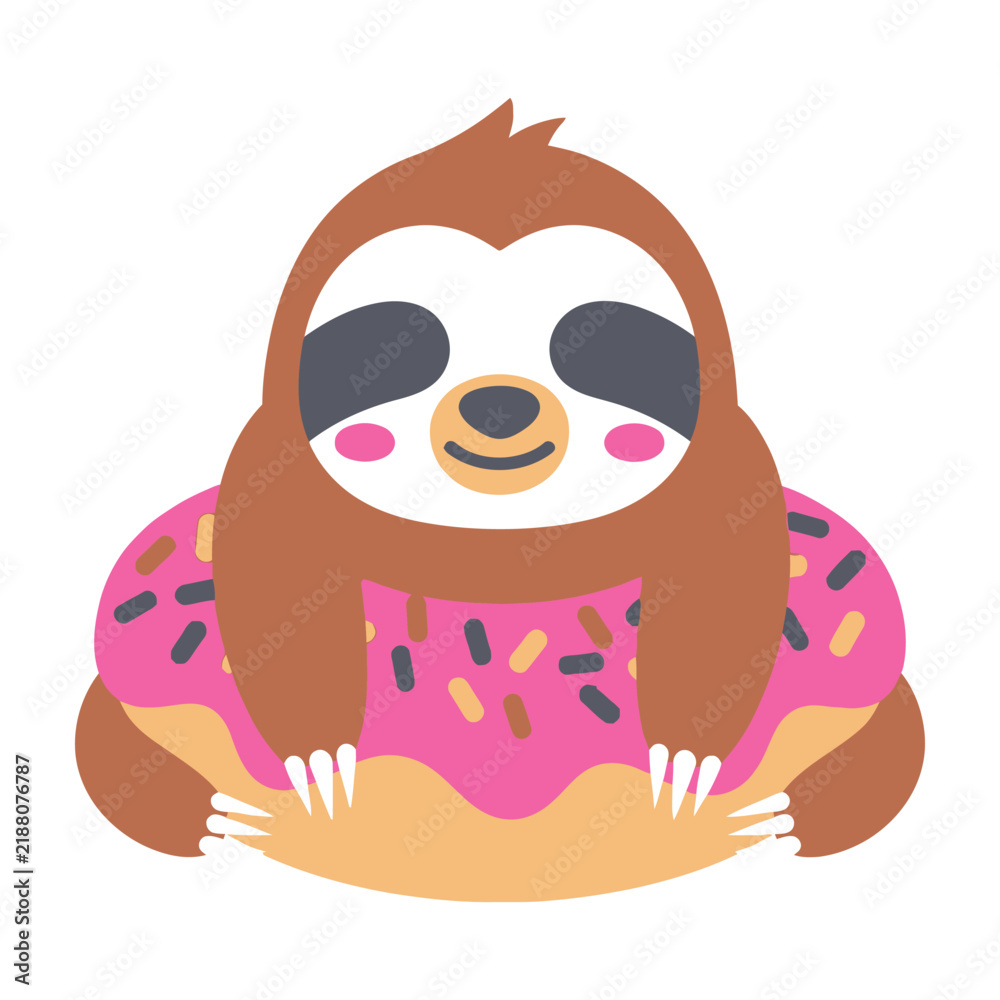 Fototapeta premium Cute Sloth Character Hugging A Delicious Pink Donut With Colorful Sprinkles Art