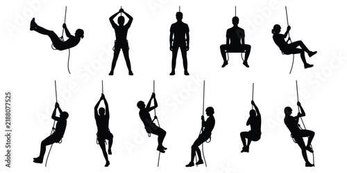 Set of twelve black silhouettes showing people rappelling, hanging from ropes, and climbing in various positions isolated on a plain white background, for sports