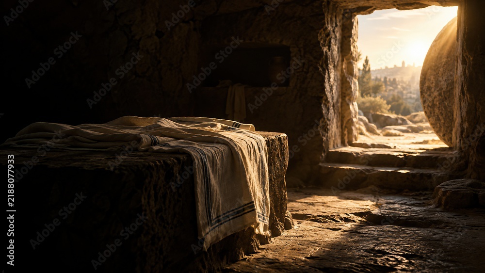 Fototapeta premium Empty tomb with folded burial cloth on stone slab and rolled away door. Golden sunlight streams into dark cave revealing ancient Jerusalem landscape.
