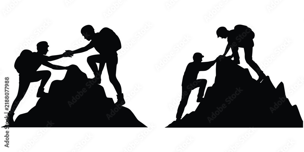 Obraz premium Two pairs of black silhouettes depicting mountain climbers helping each other reach the summit, isolated on a white background, teamwork concept